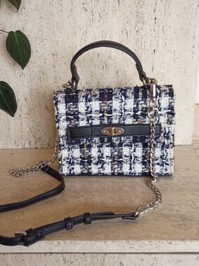 Madden NYC Tweed Top-Handle / Crossbody Bag in Navy & White with Black Trim